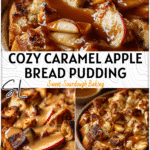 Caramel apple sourdough bread pudding topped with caramel sauce and sliced apples in a rustic dish.